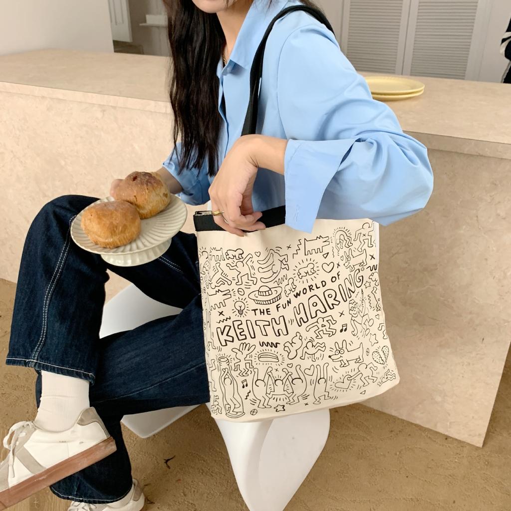 Ins style graffiti английская однотонная сумка на плечо из холста сумка для покупок школьная сумка женская персонализированная сумка для хранения с принтом