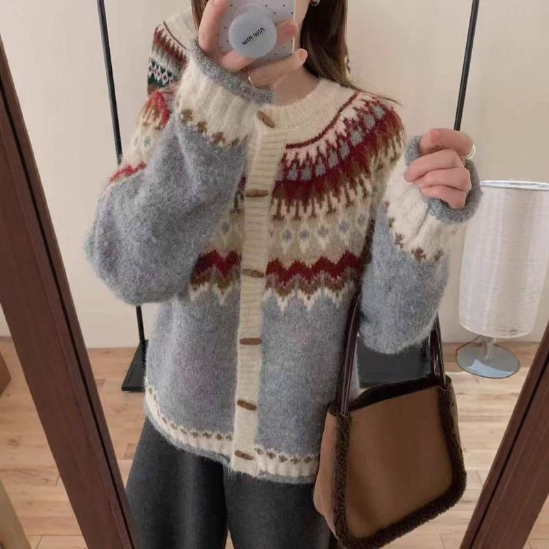 Жакет-свитер Fair Isle, женская одежда, осень и зима, новый свободный, с круглым вырезом, в стиле ретро, жаккардовый, на вязаной кардигане с пуговицами из рога