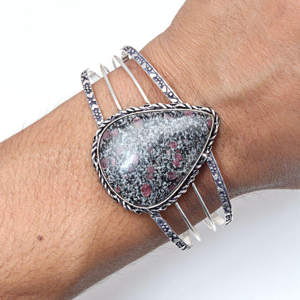 Эвдиалит Яшма Драгоценный Камень Ручной Работы Серебряные Ювелирные Изделия Браслеты-Манжеты 7''Регулируемые