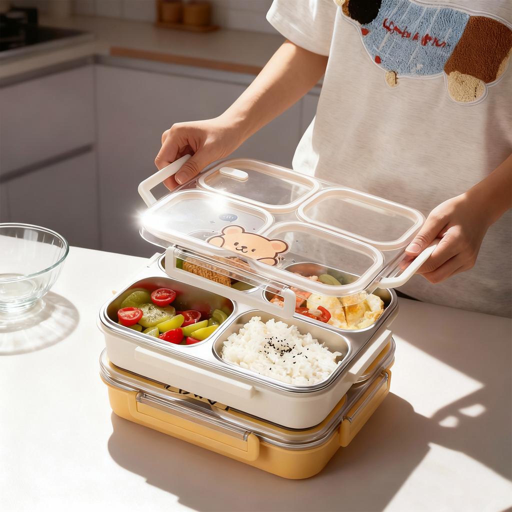 304 Stainless Steel Bento Lunch Box With 2/3/4 Compartments Microwave Safe Portable Leak-proof Food Container For Kids Students