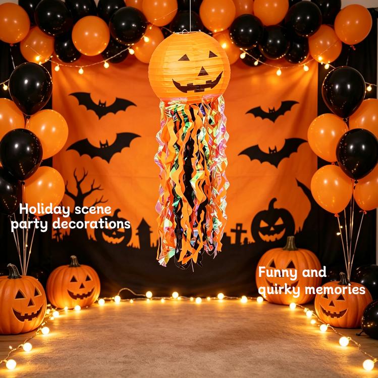 Halloween paper lantern handmade jellyfish pumpkin head ornaments horror haunted house door hanging decorative props Orange