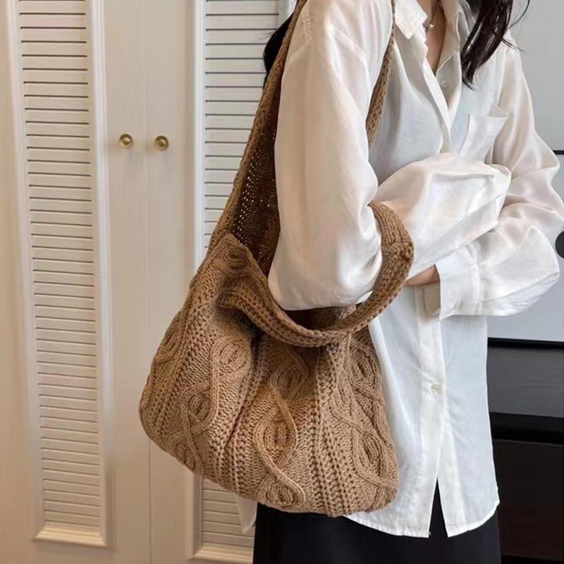 Шерстяная вязаная сумка для покупок для женщин, винтажная хлопковая ткань, сумка-тоут для девочек, большая женская сумка, вязаная крючком сумка