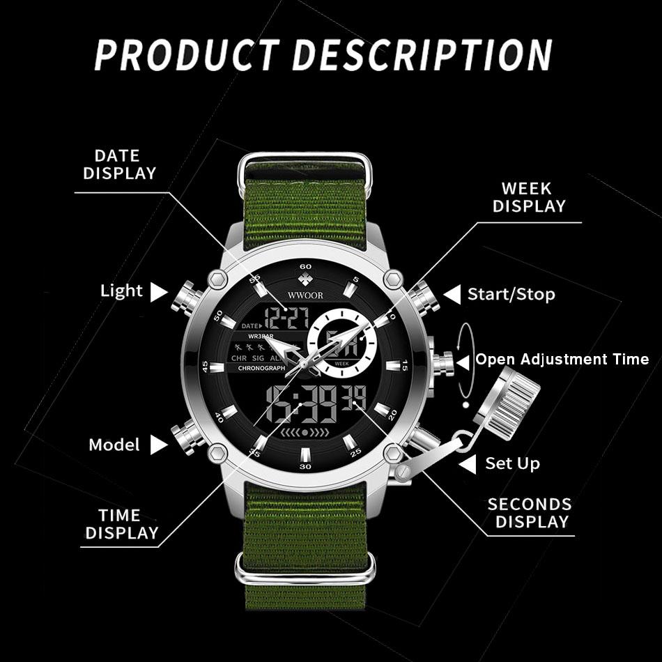WWOOR Luxury Brand Men's Sport Watches Black Quartz Led Clock Men Waterproof Wristwatch Male Military Watch Relogio Masculino