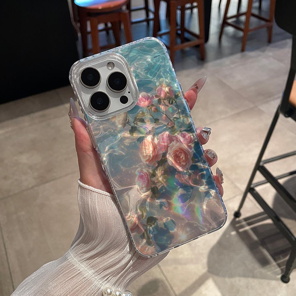 Розовая роза с узором из водяных кругов чехол для мобильного телефона iPhone17ProMax Apple 16 противоударный жесткий чехол 11