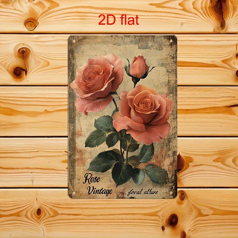 2D Flat, Vintage Rose Metal Wall Art Sign - 8"x12" Elegant Floral Decor with Pre-Drilled Holes, Durable Iron Rust Finish for Hom