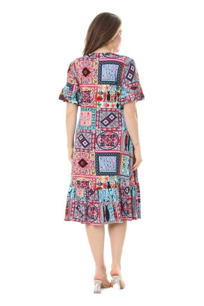 Женское платье большого размера с рюшами и карманами, с коротким рукавом, синее платье с узором в виде плитки