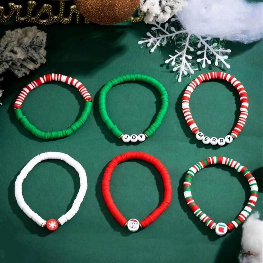 Colorful Polymer Clay Christmas Bracelet with Cartoon Snowman and English Letters for Women