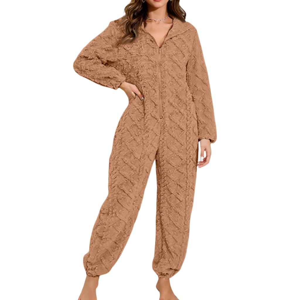 Женская мода Однотонная плюшевая домашняя одежда Повседневный комбинезон с капюшоном на молнии и длинными рукавами Пижама