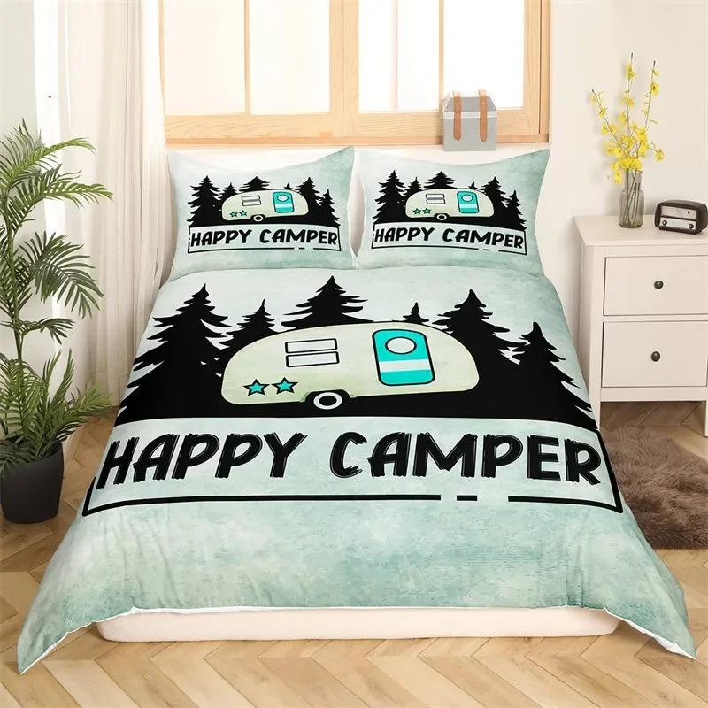 Rustic Farmhouse Style Duvet Cover Set 2/3 Pcs Old Barn Door Comforter Cover Happy Camper Print Black Sketch Drawing Quilt Cover