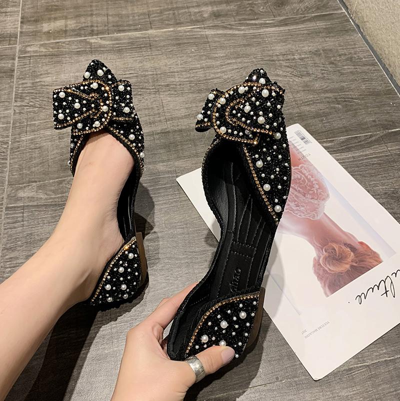Fashion Pearl Flats Party Spring Summer Pointed Toe Slip On Sexy Lady Loafers Sandals Rhinestones Women Flat Heel Crystal Shoes
