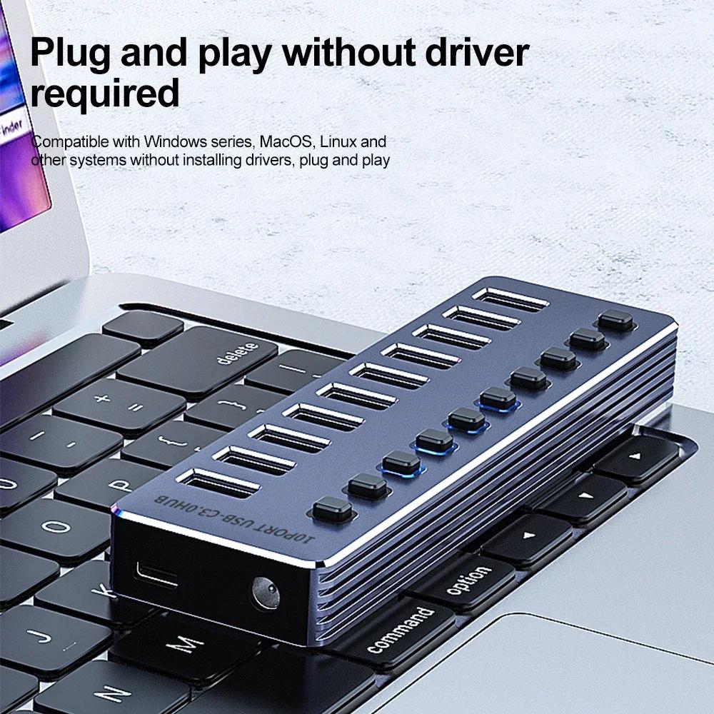 USB-концентратор на 10/7 портов, USB 3.0 5 Гбит/с, разветвитель, многопортовая док-станция с независимым переключателем, адаптер питания 12 В для ПК, ноутбука, планшетов