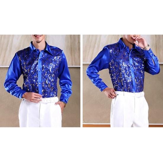 Мужская роскошная рубашка с блестками, однобортная однобортная рубашка с лацканами и длинными рукавами для свадебной сцены, приталенная официальная повседневная рубашка, топы
