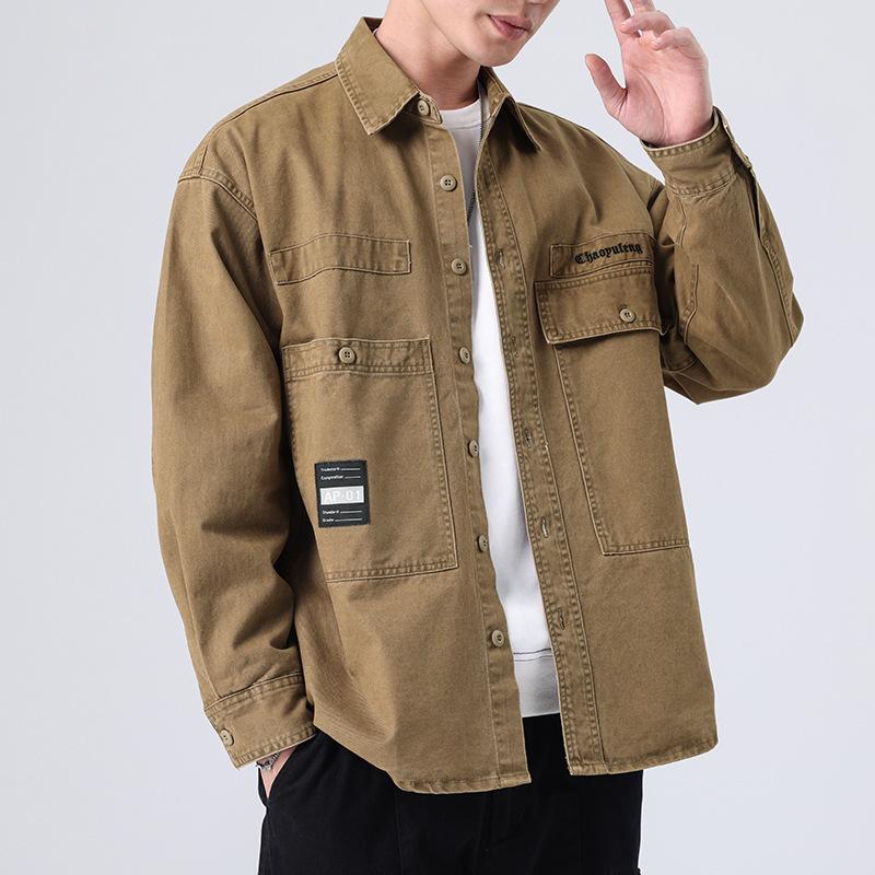 Толстая ретро-стираемая мужская рубашка с длинными рукавами, свободная, большого размера, модная брендовая американская повседневная рубашка-рубашка для инструментов