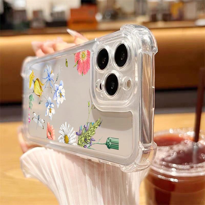 Для iPhone 16 Pro Max 16E 15 Pro 14 13 12 11 Чехол для телефона Прозрачный с цветочным принтом Противоударный Мягкий силиконовый Ударопрочный Защита объектива Бампер