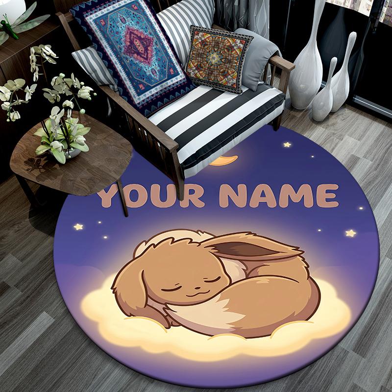 Custom Name,Eevee pattern round rug,Carpet Rug for Living Room Bedroom Playroom ,Non-slip Floor Mat,Holiday Gifts and Birthday Gifts.