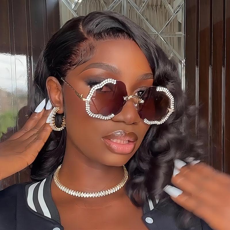 Солнцезащитные очки женские дизайнерские брендовые класса люкс без оправы большого размера с бриллиантами и цветком, винтажные популярные солнцезащитные очки, панк, металлические оттенки