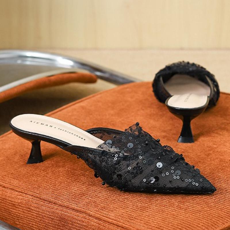 Fashion Comfort Mesh String Bead Design Brand Slippers Women Pointed Toe Kitten Heel Slide Sandals Elegant Fashion Wedding Bridal Shoes