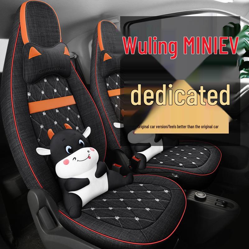 Cartoon Linen Seat Cover for Wuling Hongguang MiniEV Macaron – Full Wrap Interior Cushion