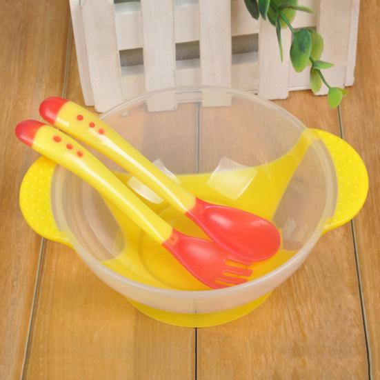 3Pcs Feeding Bowl with Sensing Spoon Fork Suction Cup Anti Slip