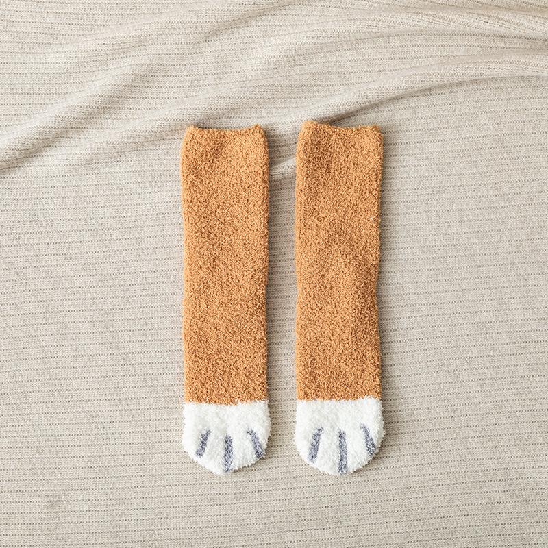 Женские зимние носки из кораллового флиса с кошачьими лапками - Толстые, милые, плюшевые, домашние носки для сна