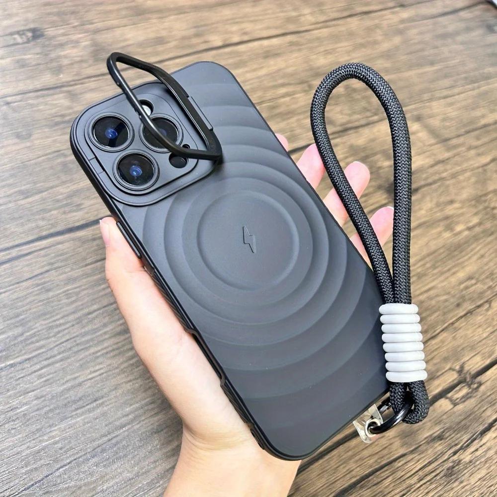 Роскошный магнитный чехол для iPhone 16 15 14 13 Pro Max скрытый кронштейн для камеры с защитным чехлом на шнурок