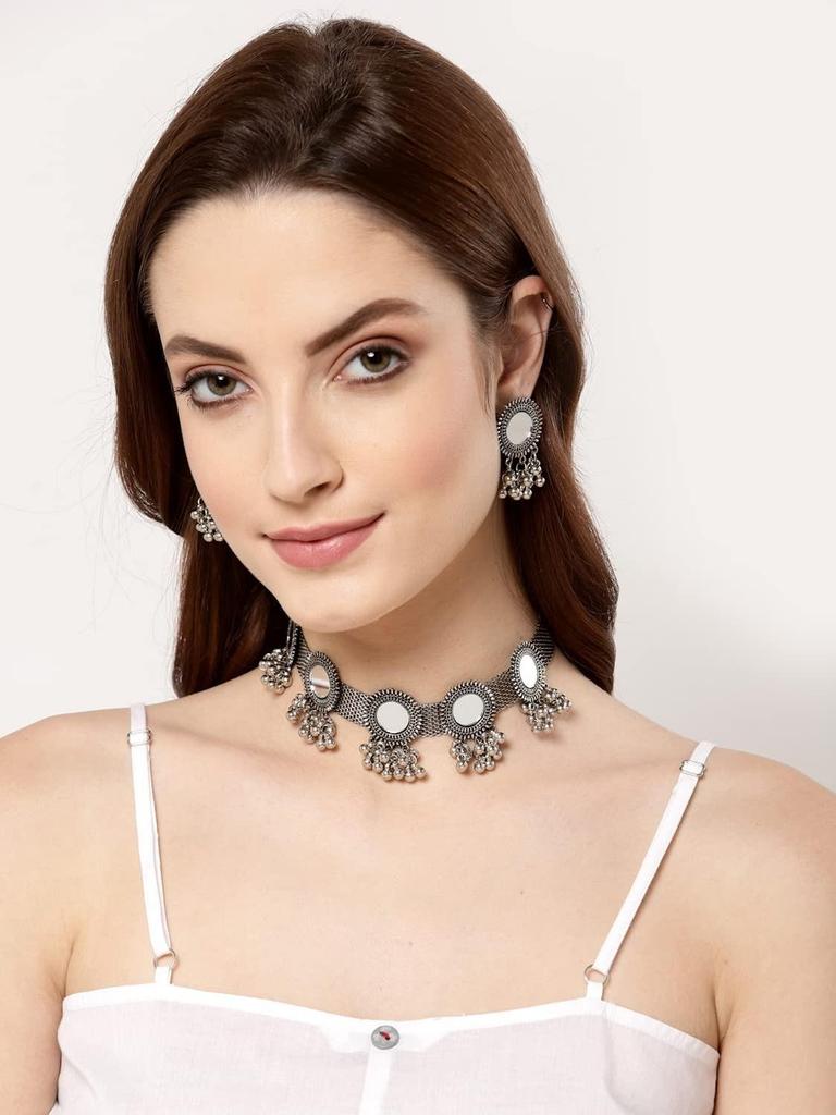 Women Latest Stylish Fancy Oxidised Silver Tribal Choker Necklace With Earrings Jewellery Set