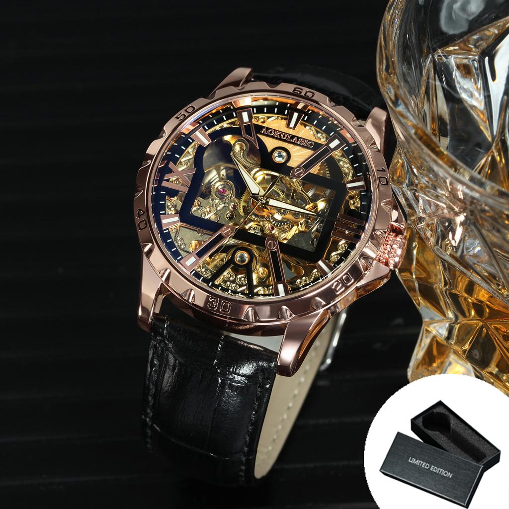 AOKULASIC Luxury Skeleton Automatic Mechanical Watch for Men Luminous Hands Steel Leather Strap Retro Business Watches New