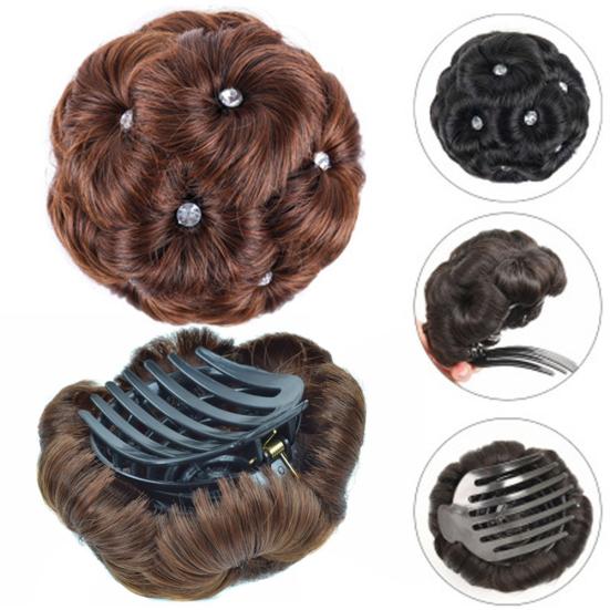 9 Flowers Faux Crystal Synthetic Bun Elastic Bridal Hair Extension Donut Chignon