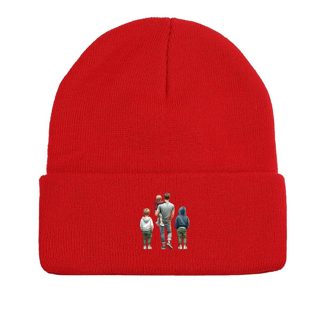 Father Family Back View Warm Knit Hat Beanie, Skull Cap Stretchable Stretchy Solid Color Bonnet Knit Cap Beanie