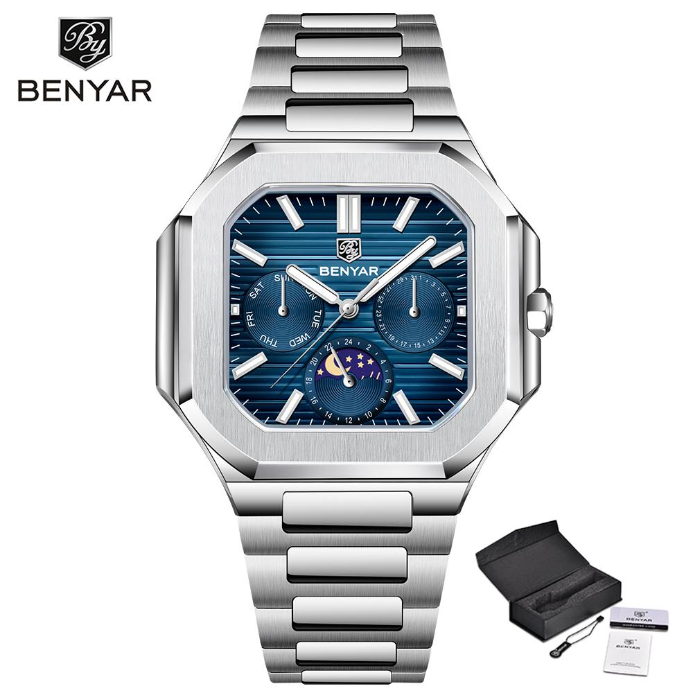 BENYAR 5221 New Square Moon Phase Watch: Classic Luxury Men's Quartz Watch with Sapphire Crystal and Stainless Steel Strap