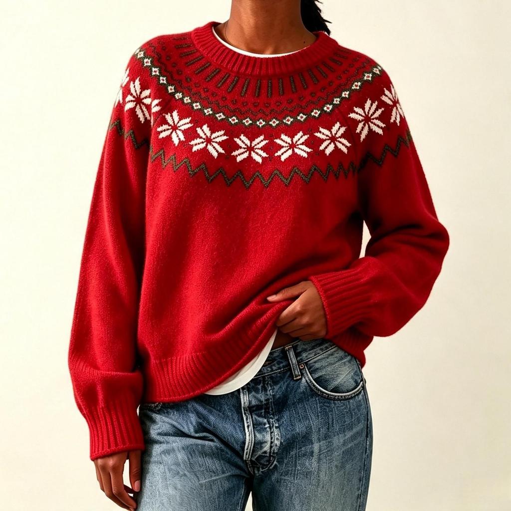 Fair Island Knitted New Retro Round Neck Star Anise Sweater Autumn And Winter Women'S Jacquard Knitted Sweater Women