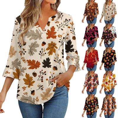 Топы с рукавом 3/4 для женщин Футболка Повседневная с расклешенными рукавами Принт Туника V-образный вырез Пуловер Блузка