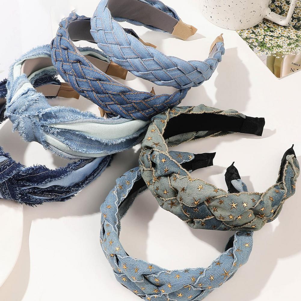 Женская джинсовая повязка на голову с широким узлом, обруч для волос с широкими полями, повязка для волос в стиле ретро, ​​повседневные вечерние аксессуары для волос