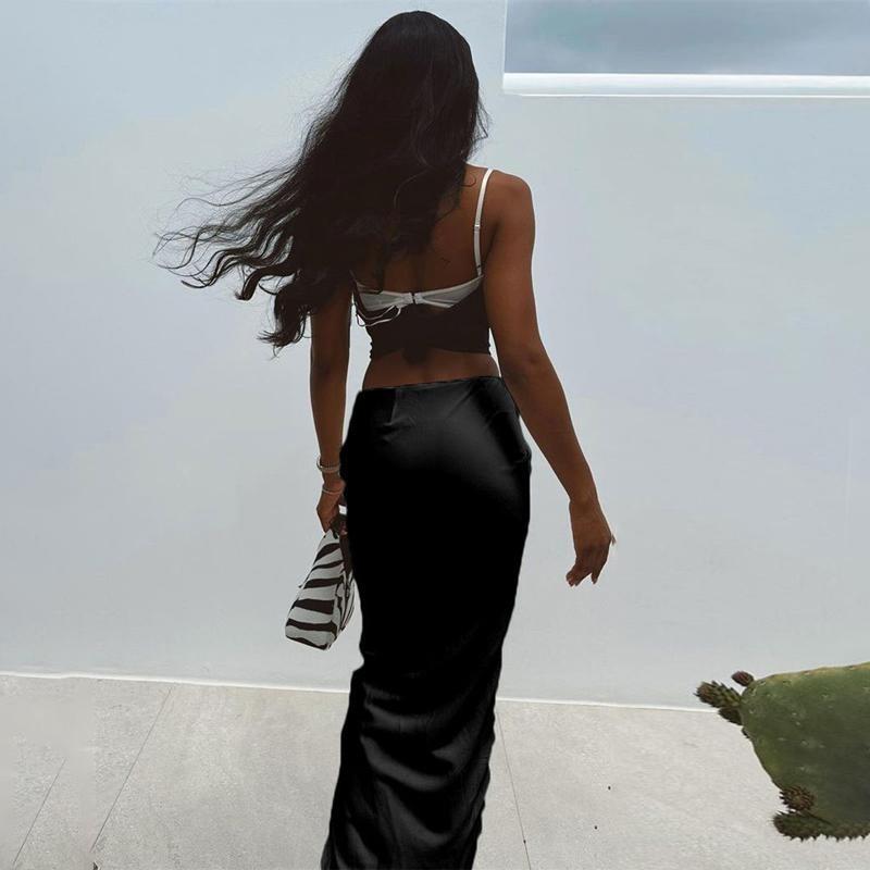 Черная атласная юбка-макси для женщин, высокая талия, кружевные боковые тонкие облегающие юбки-карандаши, женская элегантная клубная вечерние юбка