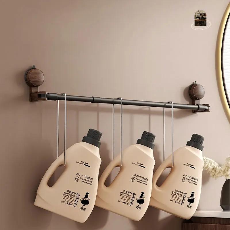 Suction cup retractable towel rack for bathroom no punching walnut wood bathroom towel pole towel storage rack for towels