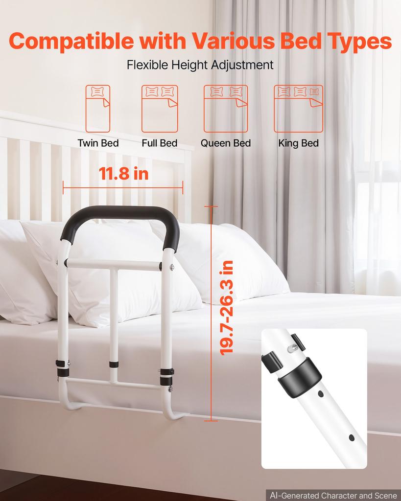 VEVOR Bed Rail for Elderly Adults 90.7kg Loading Bed Side Assist Rail, High-Strength Steel Bedside Cane for Seniors