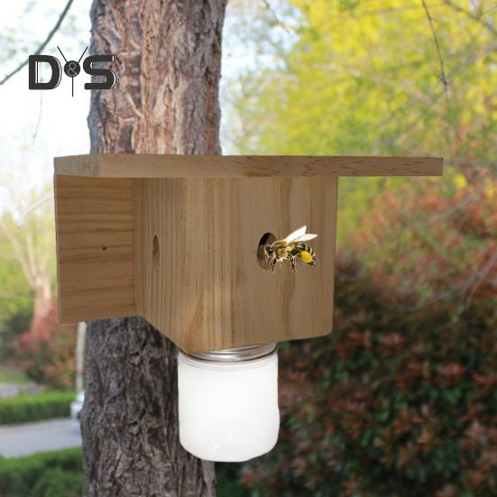 Wood House Carpenter Bee Trap with Clear Bottle Outside Natural Wood Boring Bee Trap Weather-proof Outdoor Hanging Bee Catcher