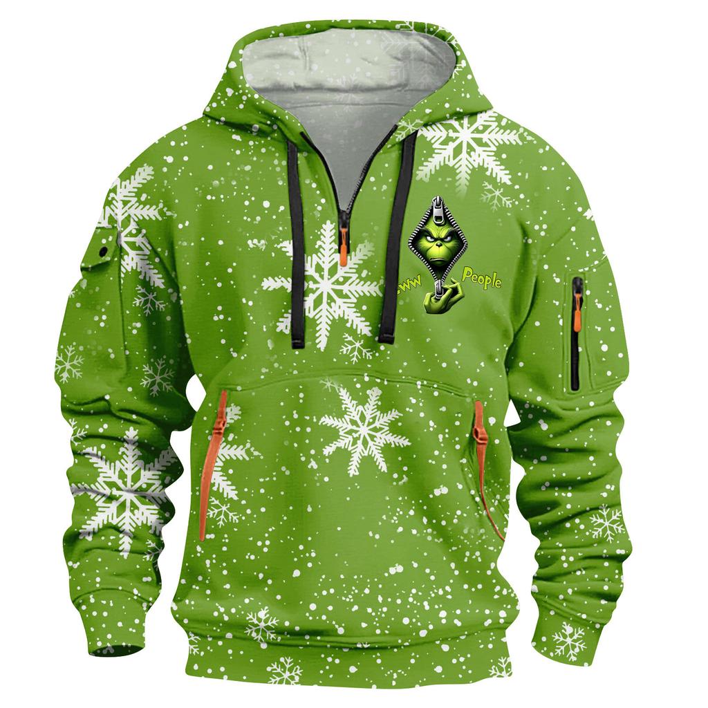 Men's Christmas Print Hooded Half-Zip Casual Sports Sweatshirt
