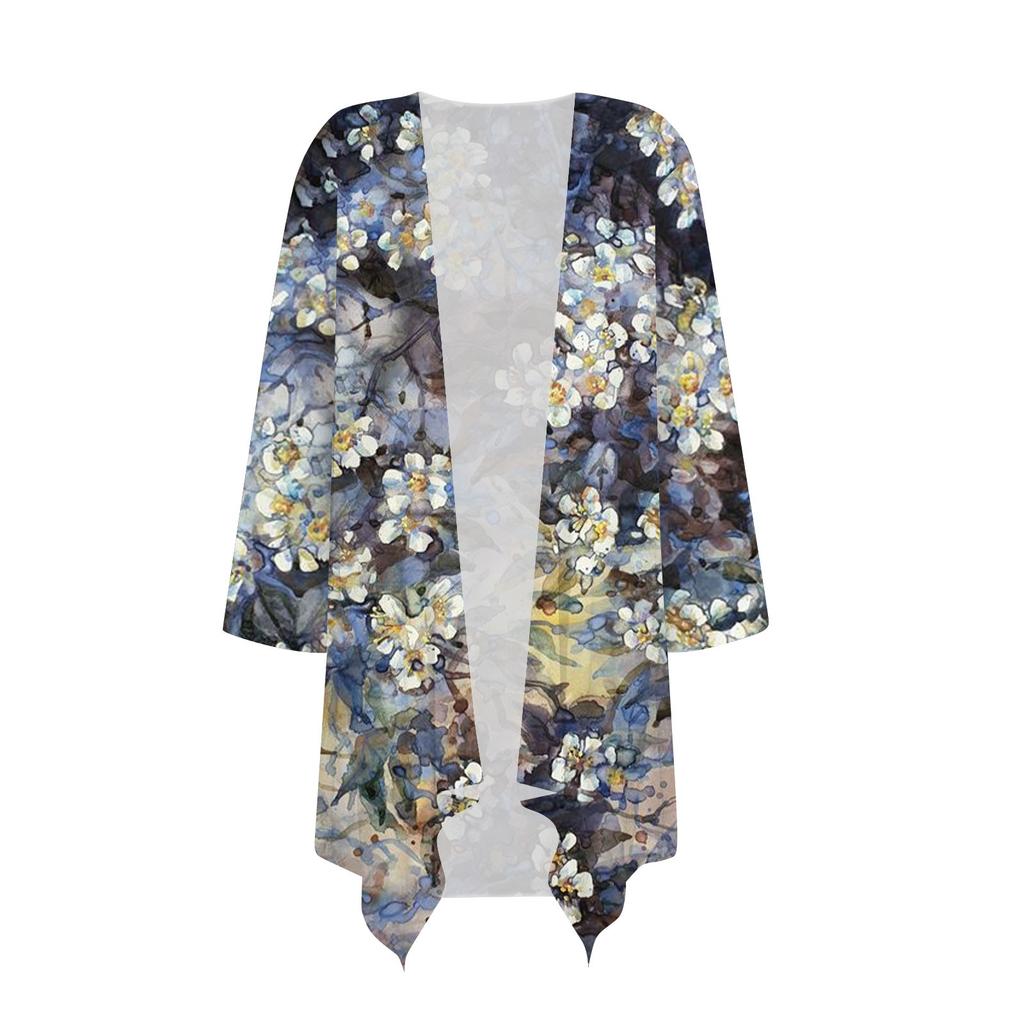 Women's Print Irregular Three-quarter Sleeve Cardigan With Pocket Jacket