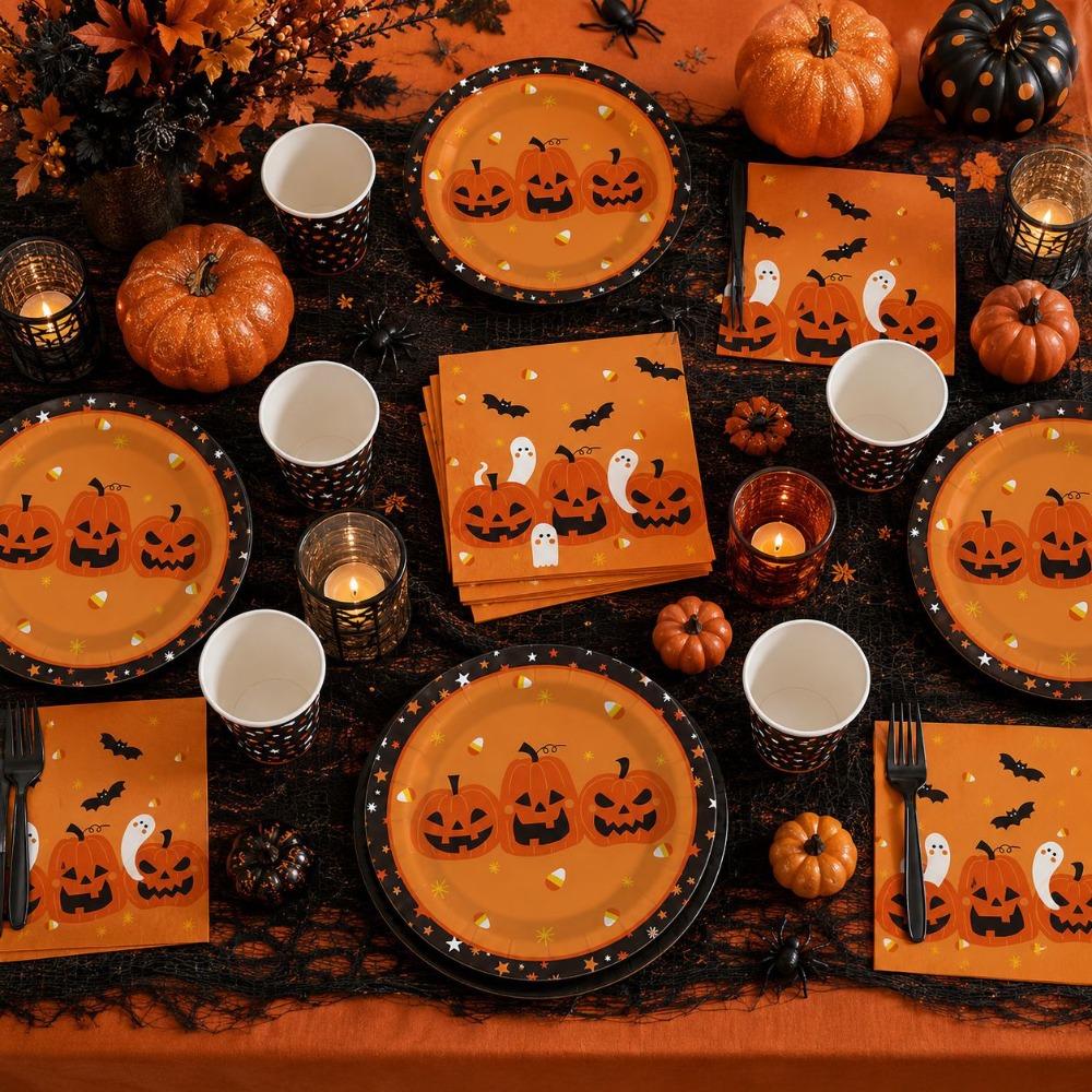 Decorative Disposable Plate Cup Set Pumpkin Pattern Disposable Utensils Set Ghost Festival