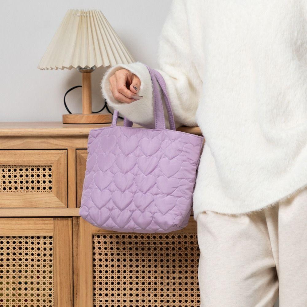 Solid Color Quilted Love Handbag Korean Lovely Lunch Bag Japanese Puffer Tote Bag  Travel