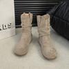 Матовая версия~ Ретро короткие ботинки на плоской подошве женские ковбойские ботинки осень и зима с рукавом круглый носок на наборном каблуке облегающие короткие женские ботинки