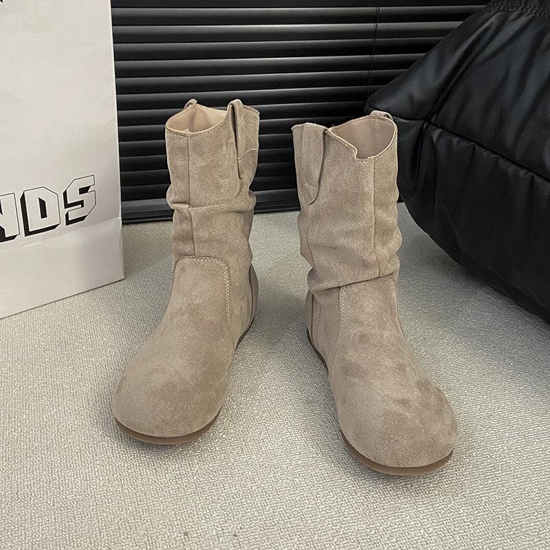 Матовая версия~ Ретро короткие ботинки на плоской подошве женские ковбойские ботинки осень и зима с рукавом круглый носок на наборном каблуке облегающие короткие женские ботинки