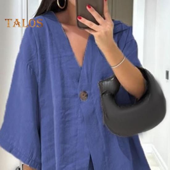 Женский свободный комплект из двух частей, рубашки с длинным рукавом и V-образным вырезом на одной пуговице, брюки с высокой талией, повседневный комплект для отдыха