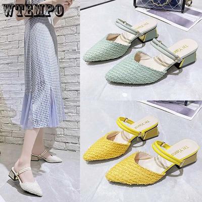 Однотонные сандалии, женские летние с острым носком, толстый каблук, квадратный каблук, двойные тапочки с регулируемой пряжкой, дышащие и легкие