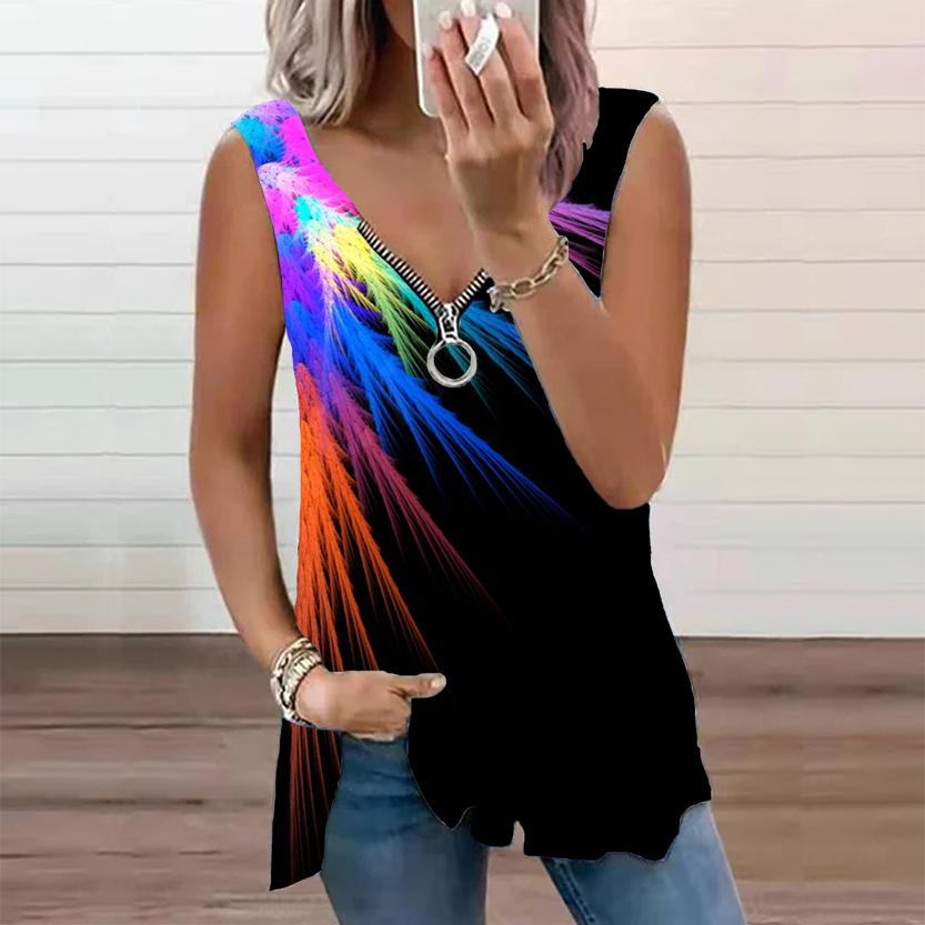 Женский топ, летний новый модный зеленый соломенный принт, повседневный топ без рукавов на молнии с v-образным вырезом, майка на бретелях