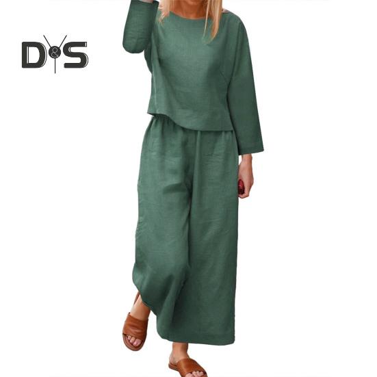 2 Pcs/Set Fall Spring Women Top Pants Set Long Sleeves Round Neck T-shirt Elastic Waist Trousers with Side Pockets OL Commuting Sport Pantsuit Outfit