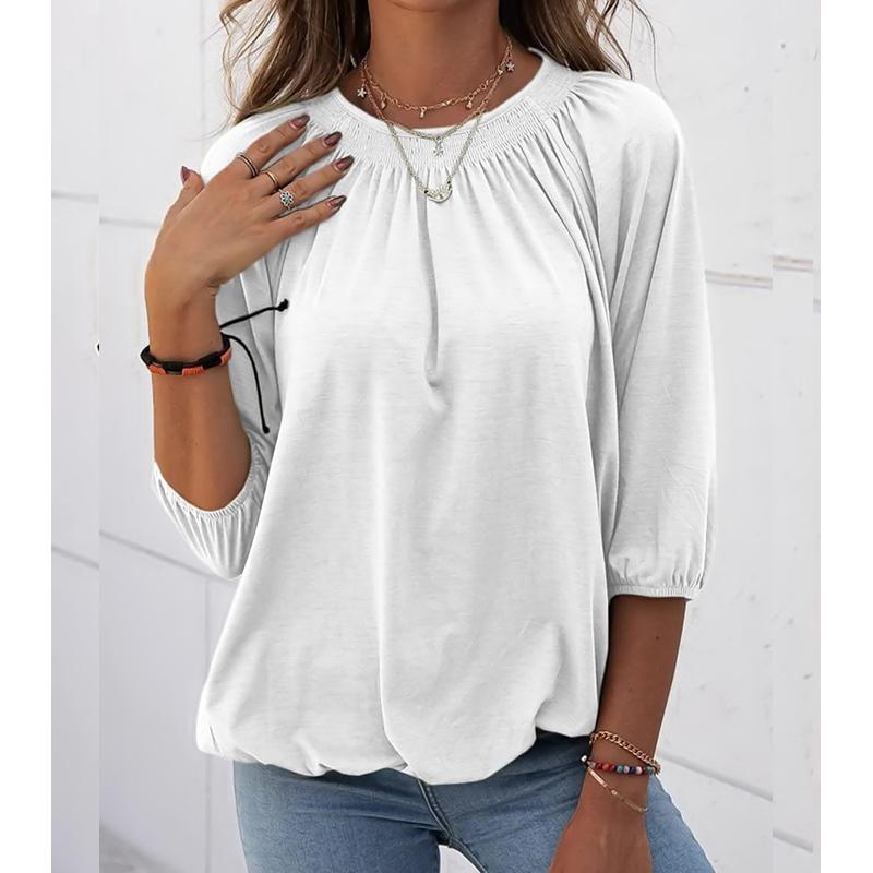 Новинка 2024 года, осенний женский повседневный свободный плиссированный однотонный пуловер с круглым вырезом и рукавом три четверти, топ