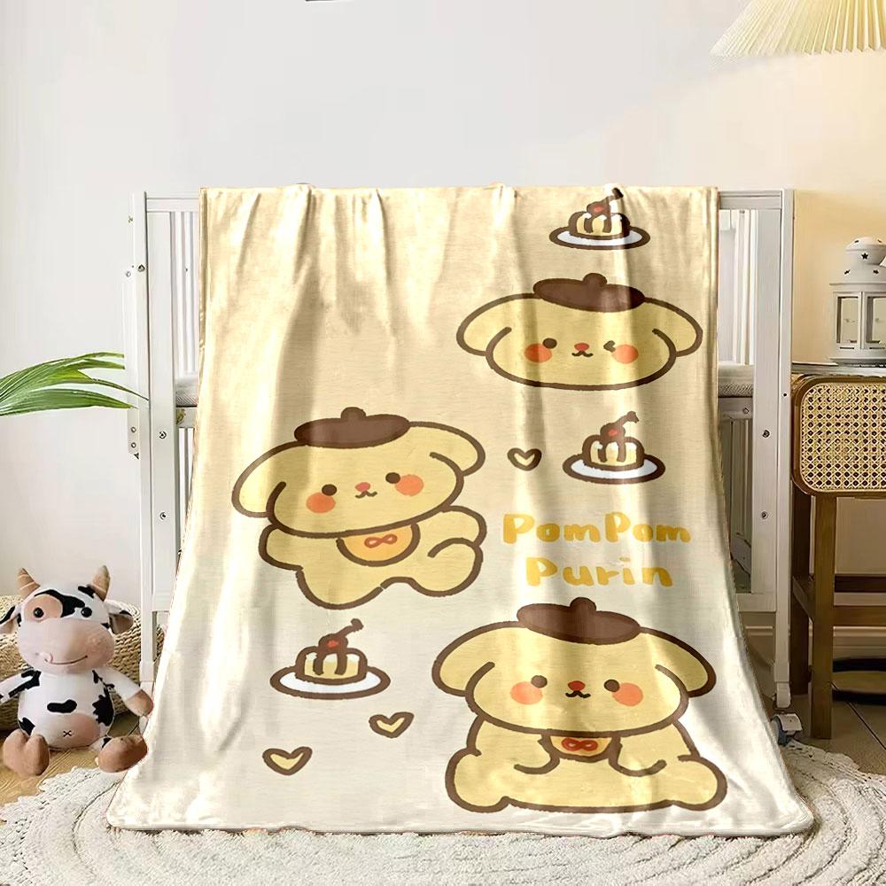 Cartoon dog in a beret with pudding, hearts, and "Pompom Purin" text. for all seasons blanket lunch break throw gift