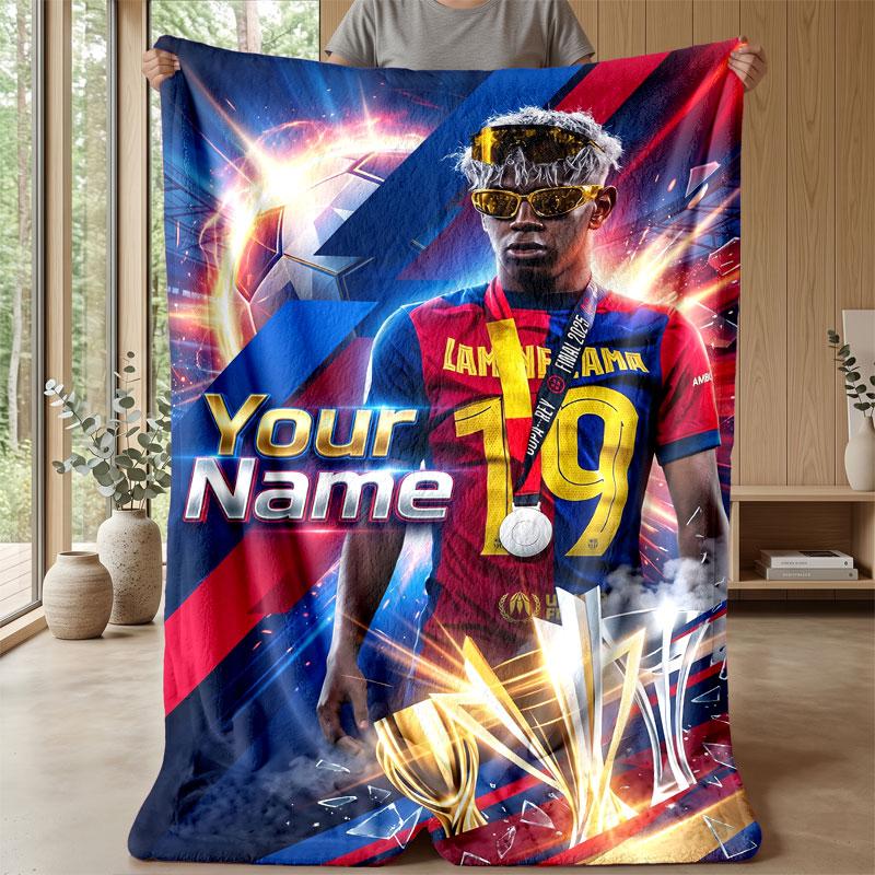 Lamine Yamal Custom Name Text Flannel Blanket Soccer Logo Personalized Fleece Throw Blanket Special Gift For Sofa Bedroom Home